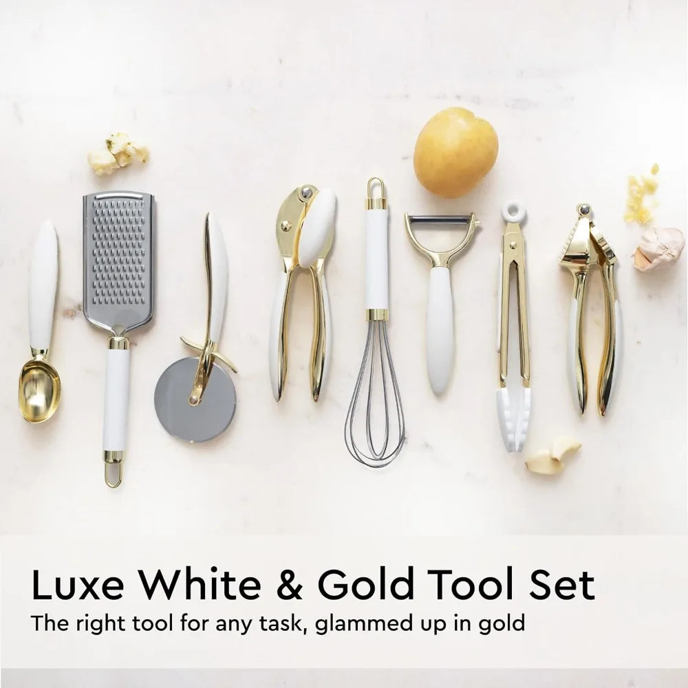 White and Gold Kitchen Utensils Set - 23-Piece Gold Kitchen Accessories Include Measuring Cups and Spoons Set, Silicone Utensils