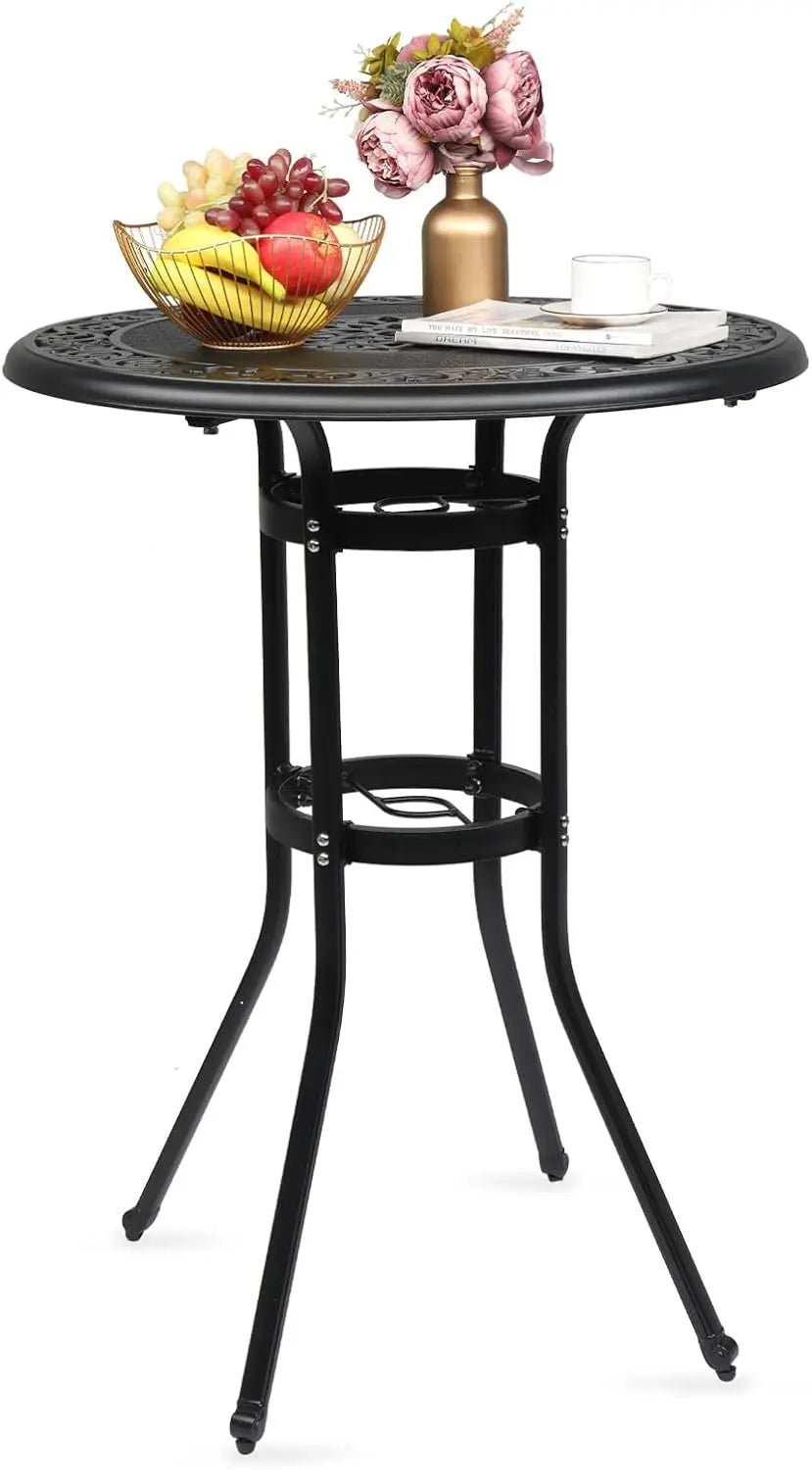 Cast Aluminum Bar Height Patio Table with Umbrella Hole - Tall Outdoor Bistro Table, 32" Dia x 41" H (Black)