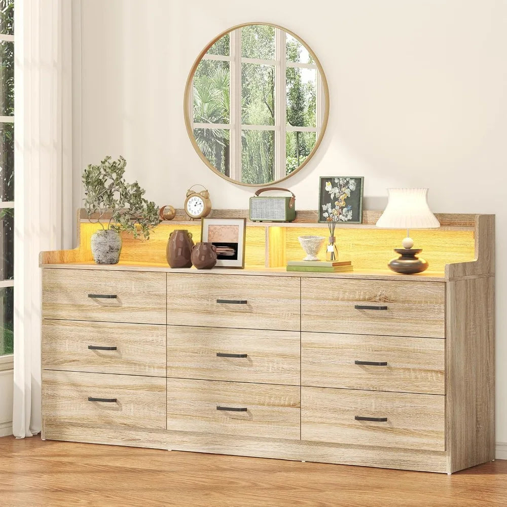 9 Drawer Dresser with Built-in Power Outlet, Mid Century Modern ,63'' Triple Wide