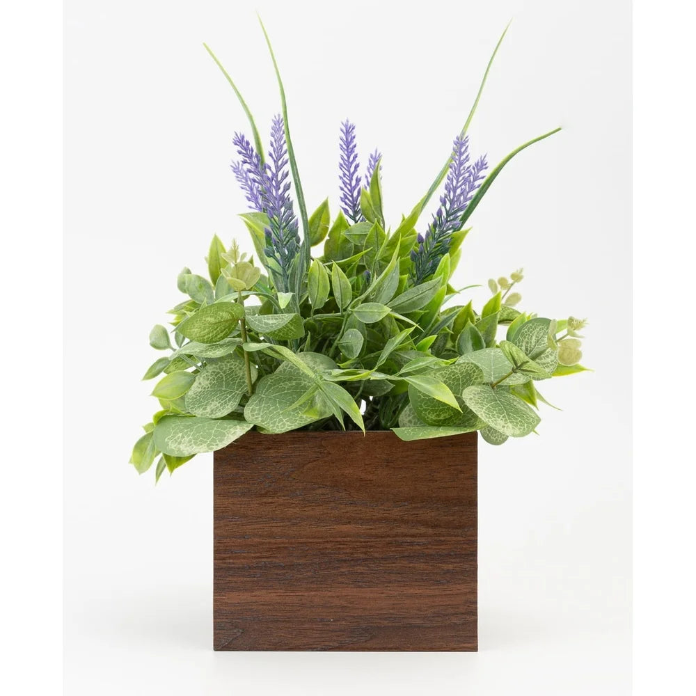 12 Inch Artificial Lavender Plant in Brown Wood Box Lifelike Eucalyptus Fig Leaves Indoor Decoration Perfect Home Office Party