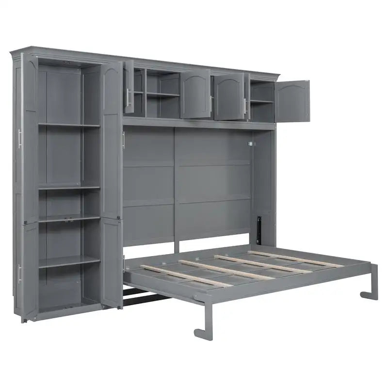 Gray Queen Murphy Bed with Cabinets, Space-Saving Wall Bed for Dual Functionality