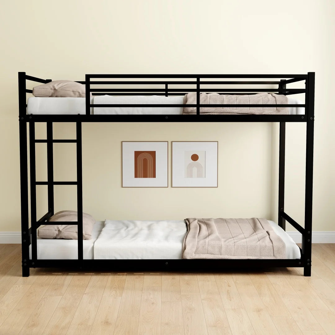 Heavy Duty Twin Bunk Bed Frame with 3-Step Ladder, Low Profile Metal Bed 54" Height, Space Saving Bunkbed with Guardrails, 400 LBS Capacity, Black