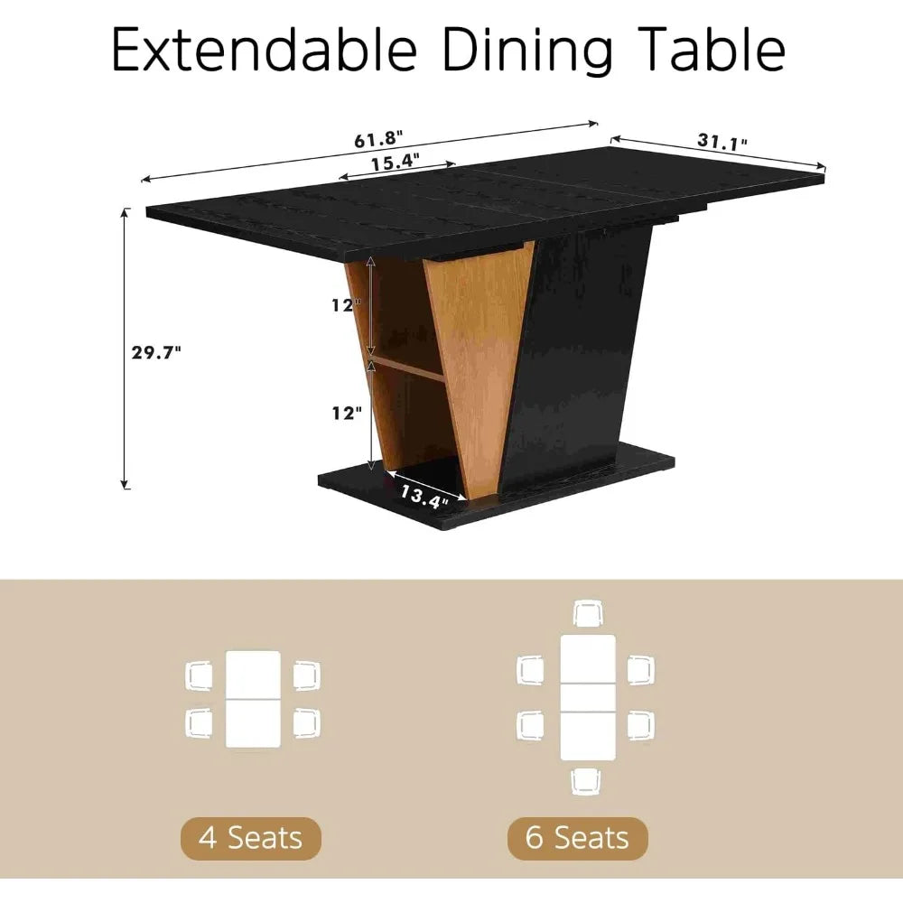 Extendable Dining Room Table for 4 6,46.5in-61.8in Modern Rectangular Table w/Heavy Duty Pedestal,Stor