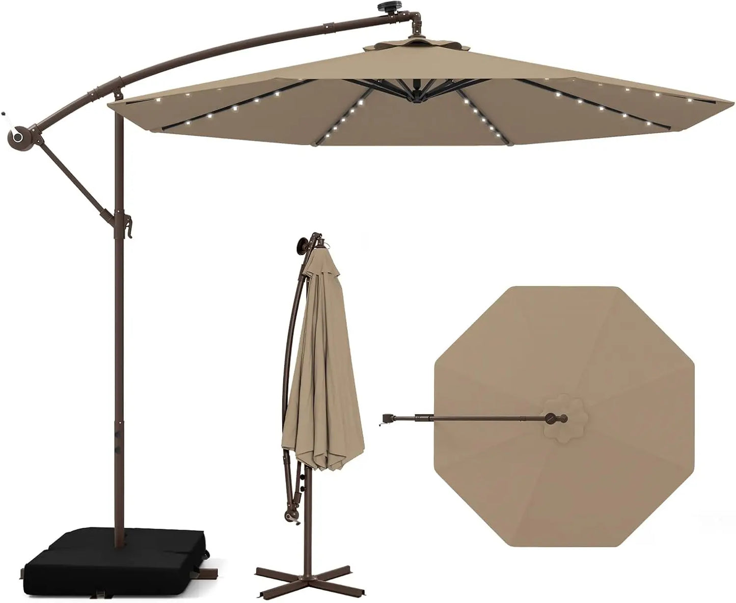 10 Foot Cantilever Patio Umbrella with Solar LED Lights, Tilt and Crank Operation, and Included Base