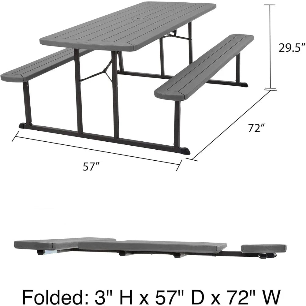 Outdoor 6 ft. Folding Picnic Table, Dark Gray Wood Grain Resin with Gray Steel Legs