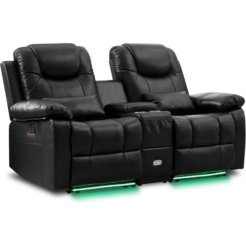 Power Reclining Sofa with LED Light for Living Room, Electric Double Home Theater Seatings, Contemporary PU Leather