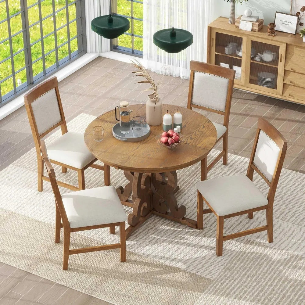 5-piece retro functional dining set, solid wood extendable dining table with a 16-inch leaf and 4 upholstered chairs