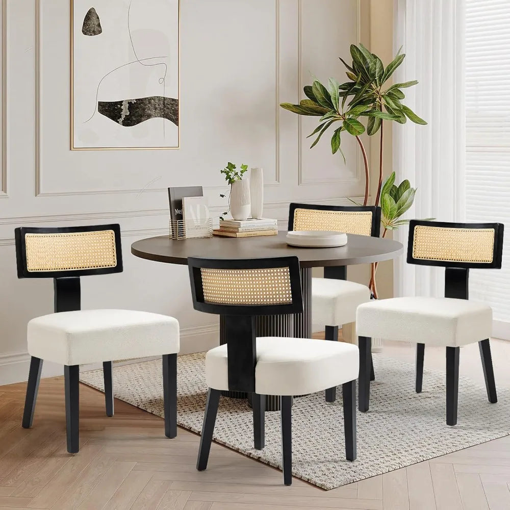 4-Pack Mid-Century Rattan Dining Chairs Fabric Upholstered with Black Wood Frame, Curved Back & Armless Design