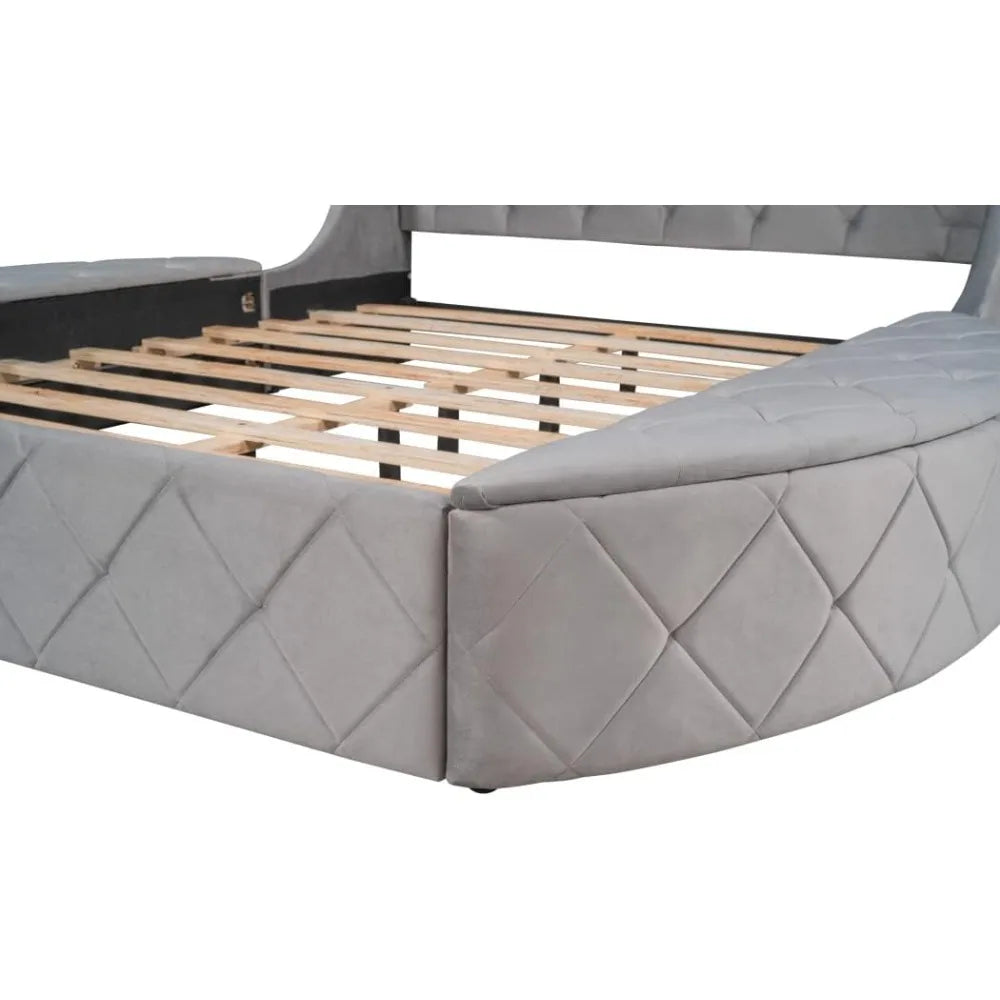 3-Piece Bedroom Set,Queen Size Velvet Upholstered Platform Round Bed and 1 Drawer,2 Side Storage Stool,with Wingback Headboard-G