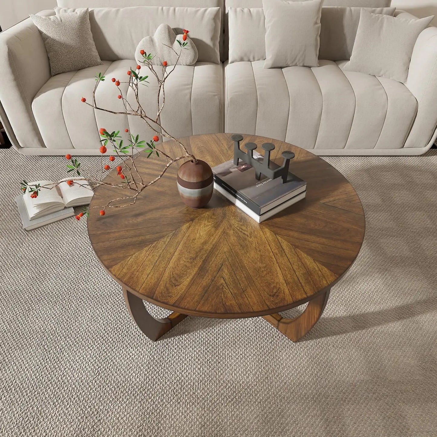 Mid Century Modern Round Walnut Coffee Tables, 33.5" Dia. Circle Drum Coffee Table