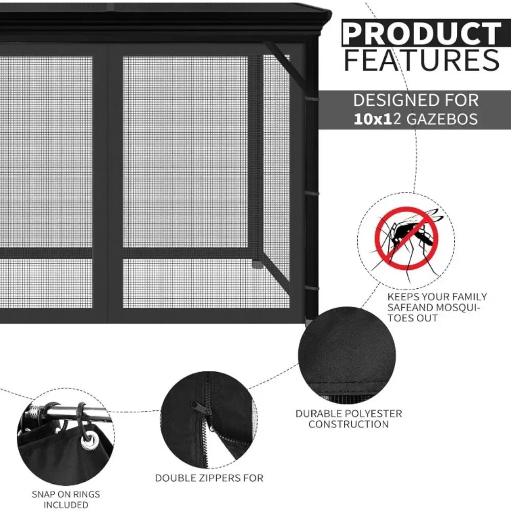 10' x 12' Outdoor Mesh Netting Screen 4-Panel Sidewall with Zipper Gazebo Universal Replacement Mosquito Netting