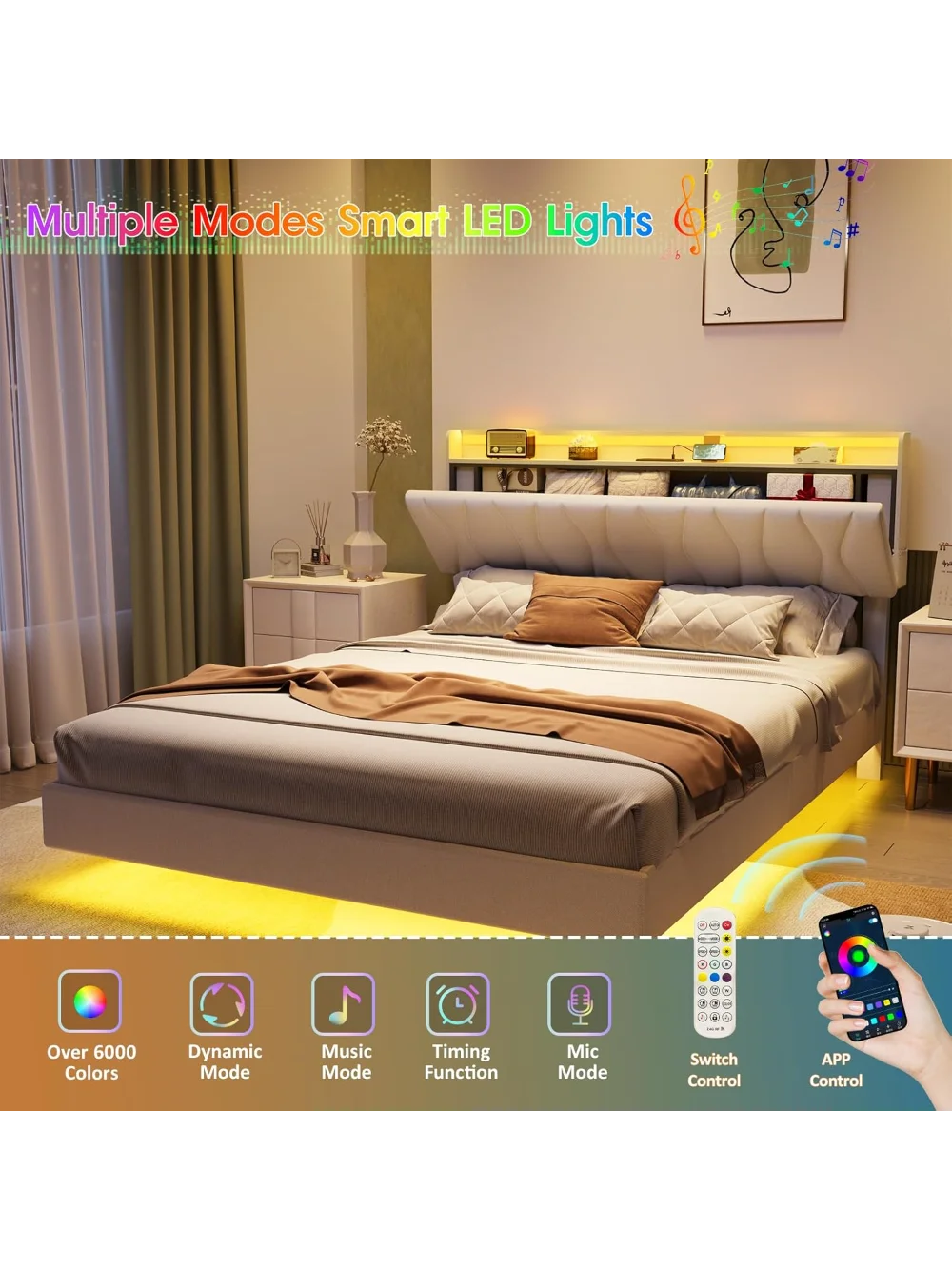 Queen Size Floating Bed Frame with Storage Headboard, Queen Bed Frame with LED Lights, Charging Station, Upholstered Pla