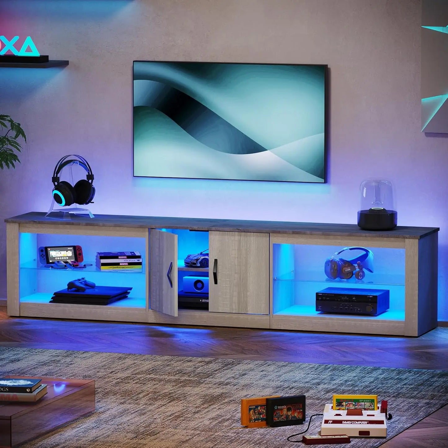 80 Inch TV Stand for 75/77/85/86 inch TVs, LED Gaming Entertainment Center for PS5 with Storage Cabinet &Adjustable Glas