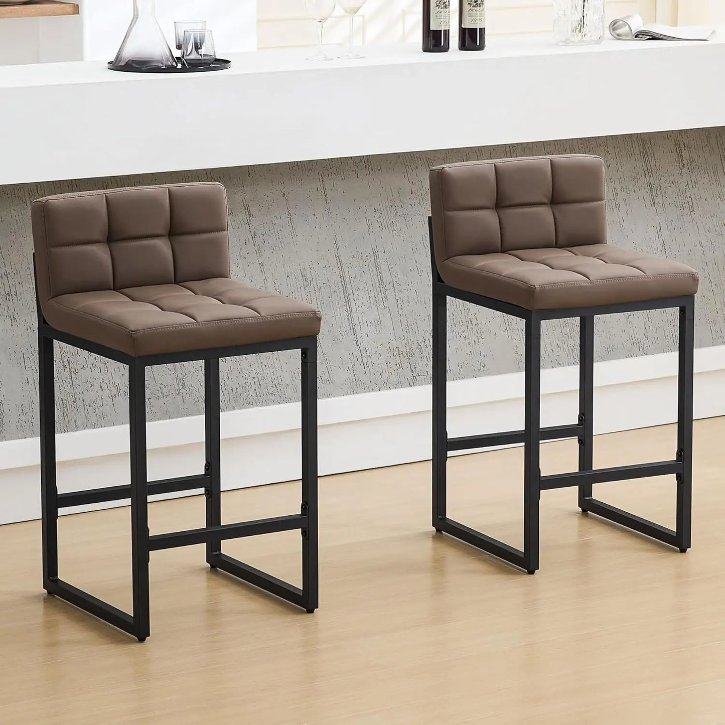 Modern Counter Height Bar Stools Set of 2, Faux Leather Low Back with Footrest for Kitchen Island (Coffee Brown)
