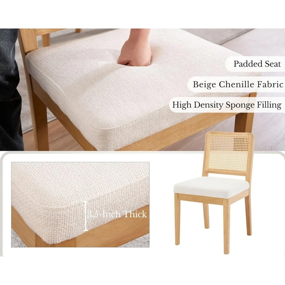 Modern Farmhouse Rattan Dining Chair Set of 6 Beige Chenille Upholstered Dining Chairs with Rattan Back