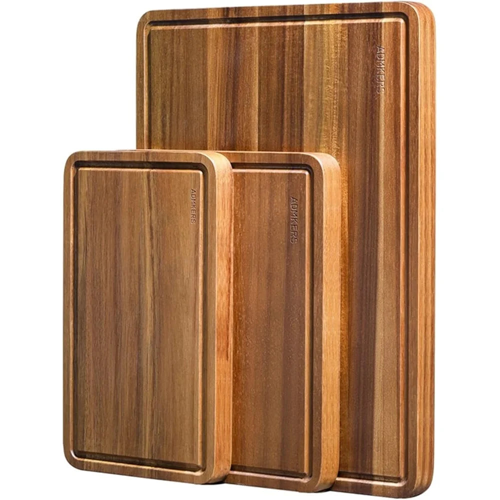 Wooden Cutting Boards Set of 3 Thick Chopping Board with Deep Juice Groove and Handles