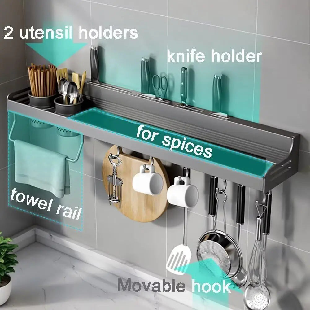 Wall-mounted Spice Storage Rack With Hooks, Hanging Tableware & Utensils Holder, Space Saving Storage