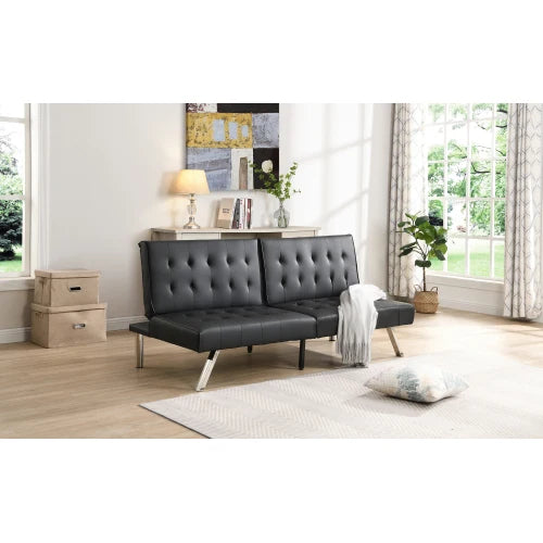 sofa bed black , can be placed flat, wooden frame, stainless steel legs, suitable for living rooms and apartments