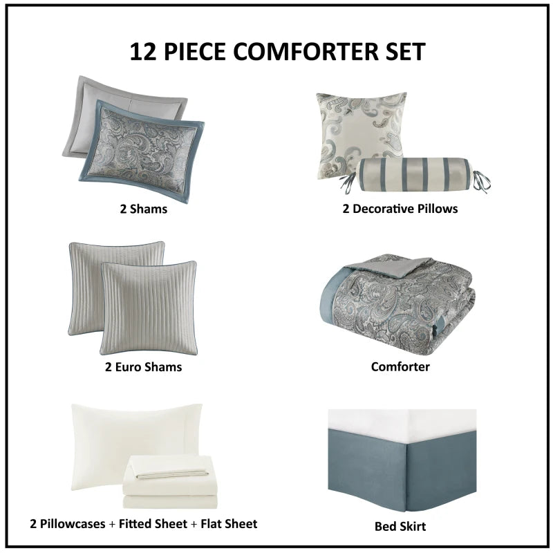12 Piece Comforter Set with Cotton Bed Sheets Teal Cal King