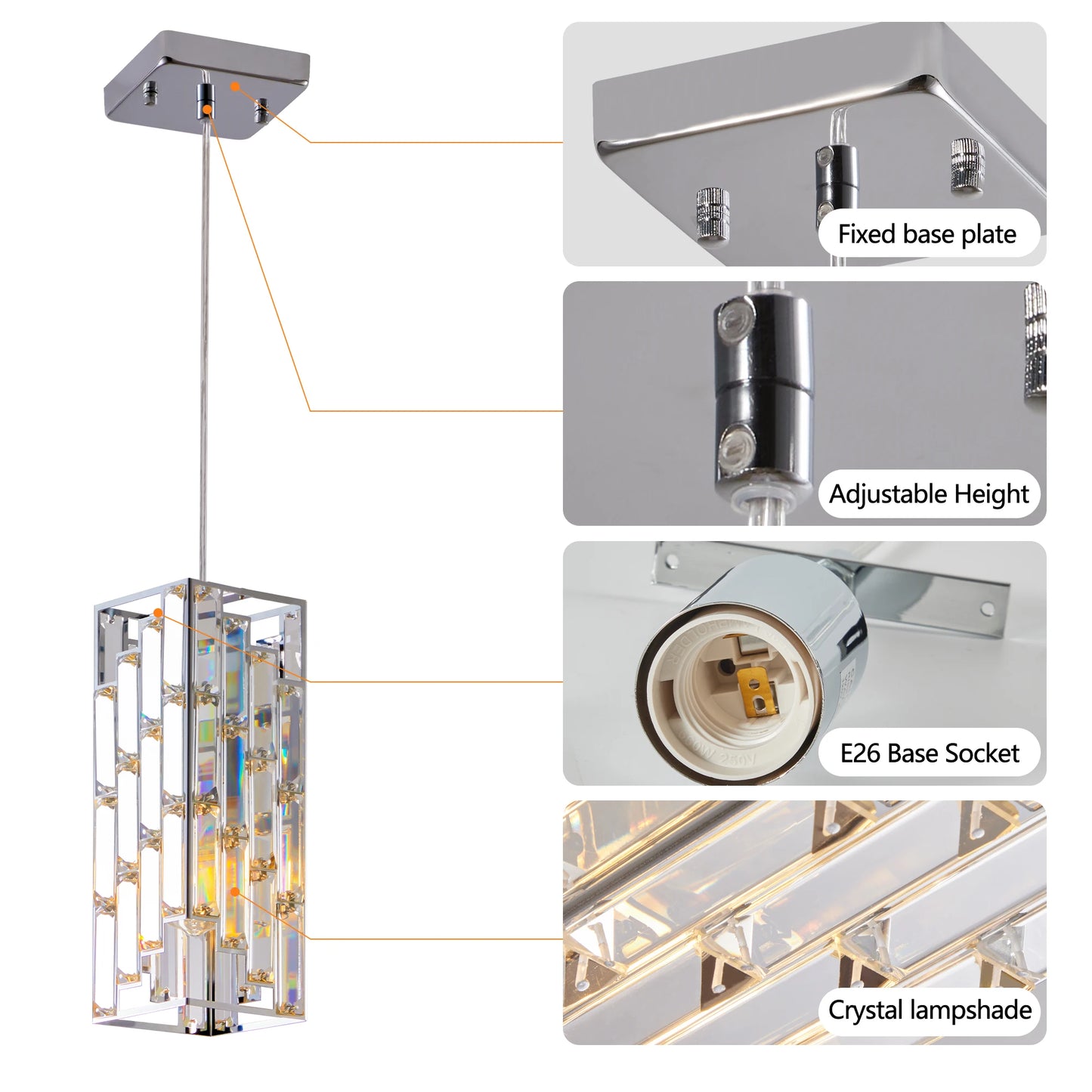 Modern Crystal Pendant Light - 3 Pack, Adjustable Hanging Ceiling Lamp with Crystal Prism Design -Chrome Finish