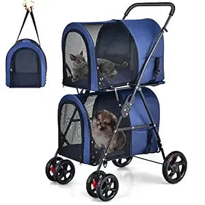 Double Pet Stroller with 2 Detachable Carrier Bags, Safety Belt, 4 Lockable Wheels, Folding Cat & Dog Stroller for Small Medium
