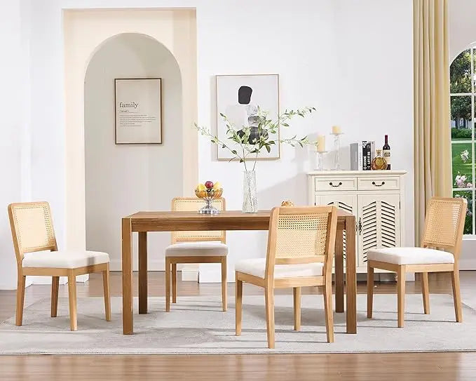Modern Farmhouse Rattan Dining Chairs Set of 4 Beige Linen Upholstered Dining Room Chairs Cane Back Mid Century Black Wooden