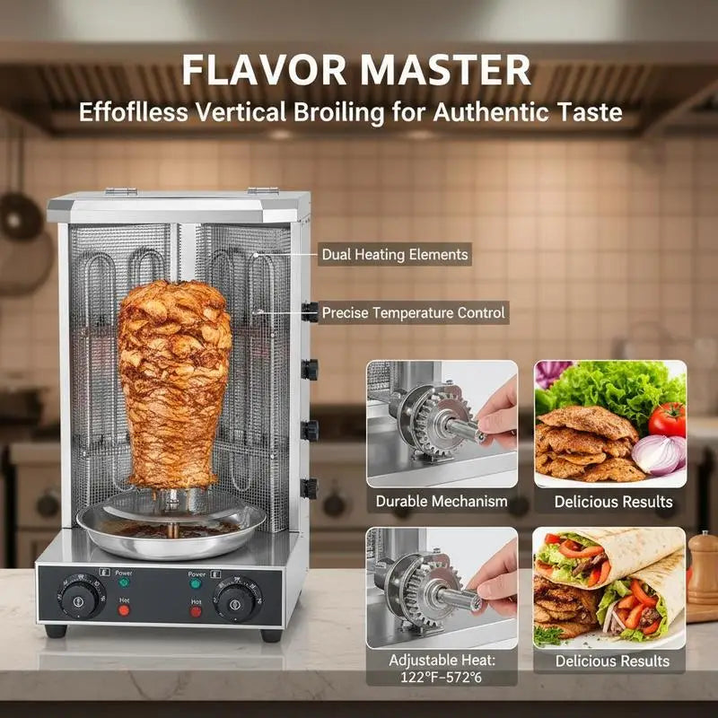 Vertical Broiler Gyro Rotisserie Oven 13lbs Capacity For Home Commercial Kitchen Party, 2 Burners 122℉-572℉ Temperature Control Meat Roaster Machine Doner Kebab Cooker