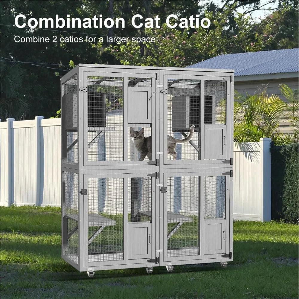 Large Outdoor Cat Enclosure, 4 Tiers Cat Catio with Wheels, Resting Box, Sunshine Panel Waterproof Roof