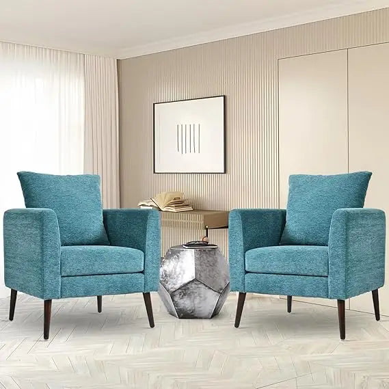 Accent Chair Set of 2 for Living Room, Modern Upholstered Chenille Barrel Arm Chair, Large Pillow, Solid Wood Legs