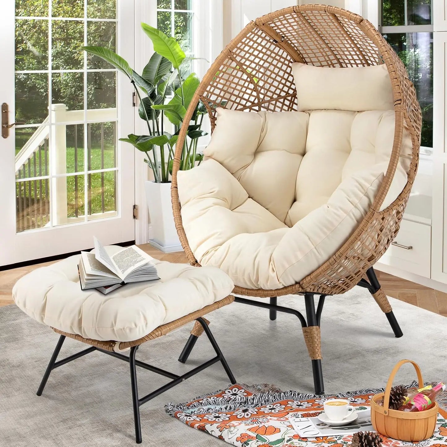 Wicker Patio Lounger with Ottoman, Oversized Rattan Egg Shaped Chair