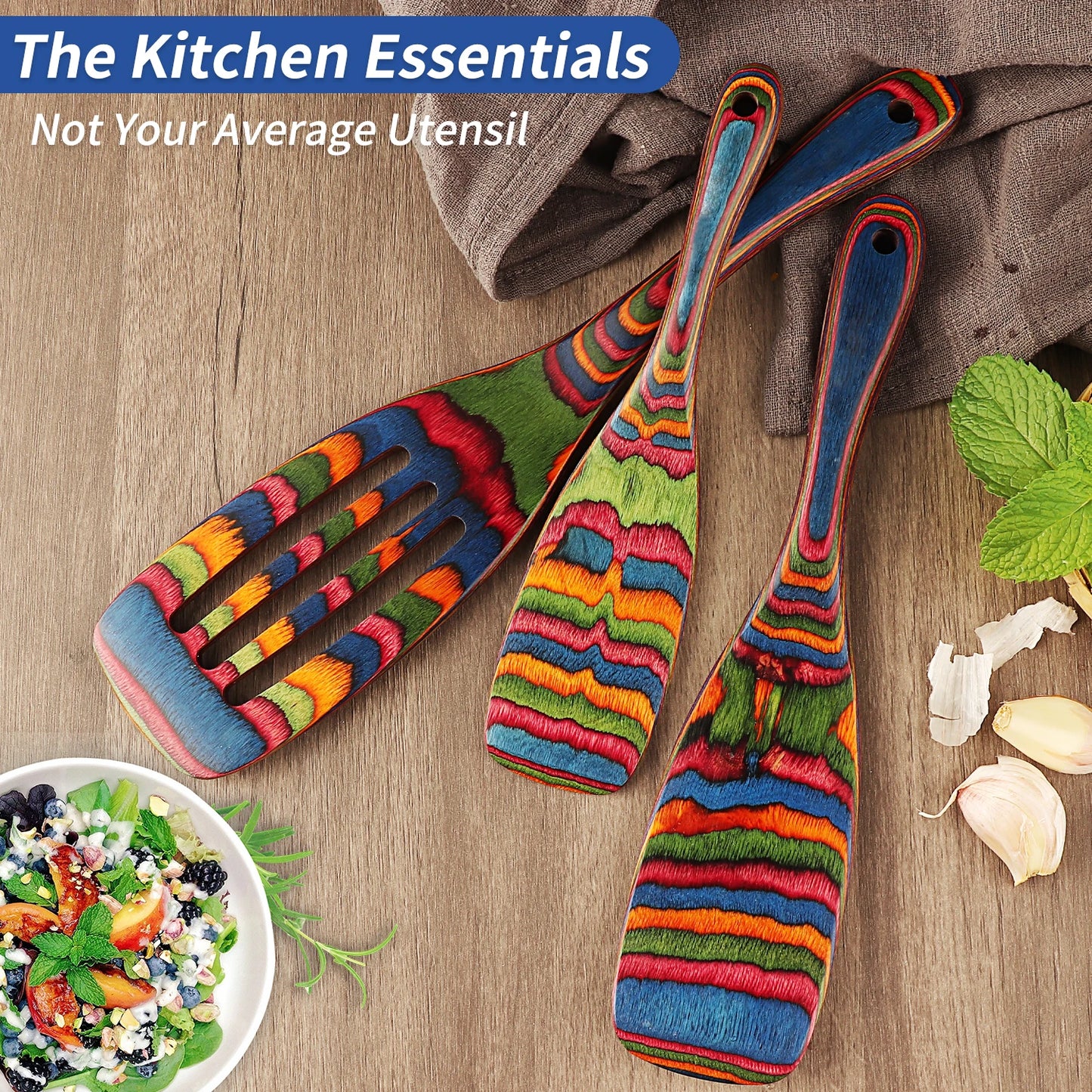 Spurtle Set, Wooden Utensils for Cooking, Pakkawood Kitchen Cooking Utensils Set, Serving Spatula spoon