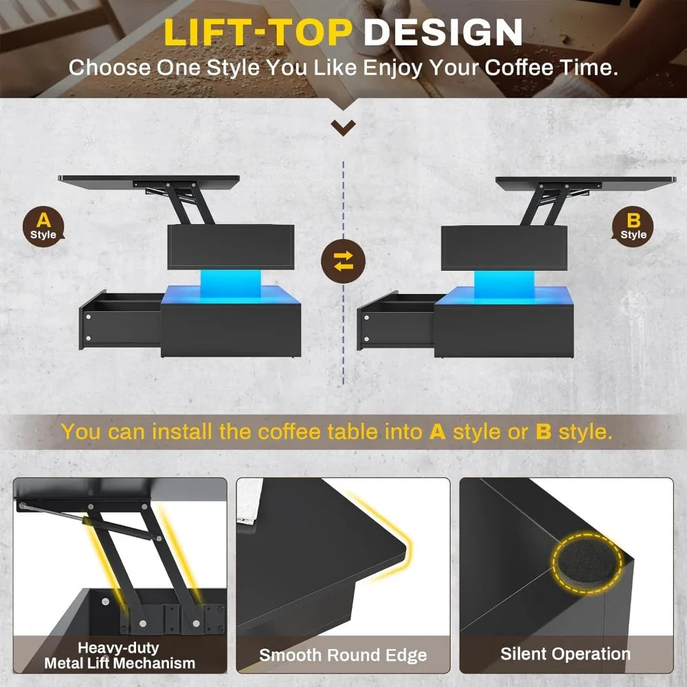 40" Lift Top Coffee Table with Storage ,2 Drawers & LED Light for Dining