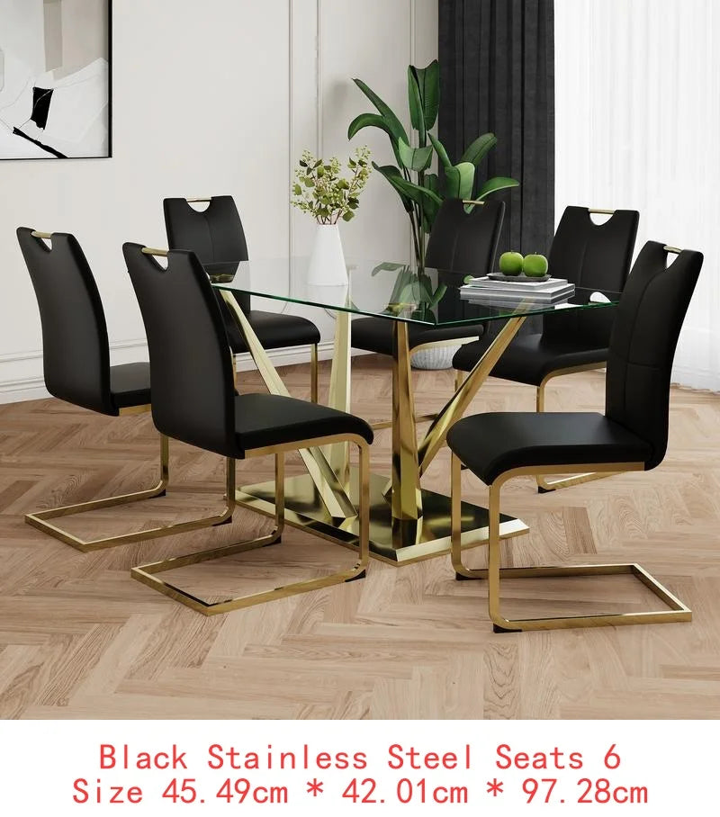 Elegant Glass Dining Table Set with Stainless Steel Base & 6 White Chairs - Modern Transparent Design for Dining Room