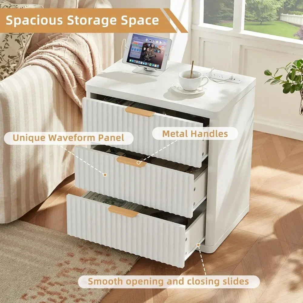23" wide fluted night stand with charging station,3 drawers large end table with storage,white nightstand