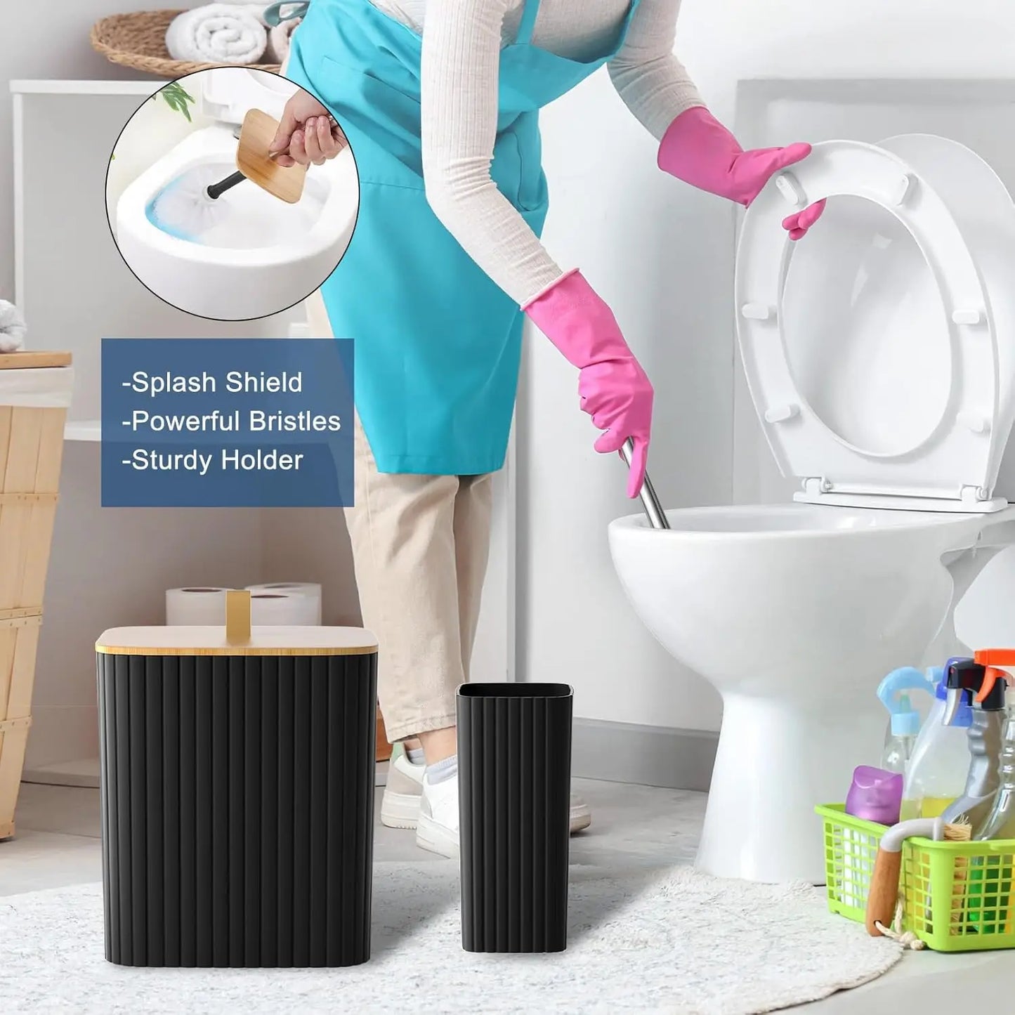 24PCS Black Bathroom Set. Shower Curtain, Rugs, Trash Can, Brush Holder, Soap Dispenser. Stylish & Functional.