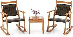 Patio Rocking Chair Set ,3 pieces Patiojoy Acacia Wood Rocker with Side Table, Outdoor Chairs with Wicker Rattan Seat & Backres