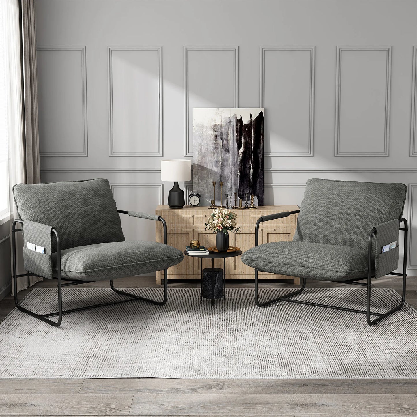 Sling Accent Chair Set of 2, Metal Framed Armchair with Removable Storage Bag, Upholstered Living Room Chairs