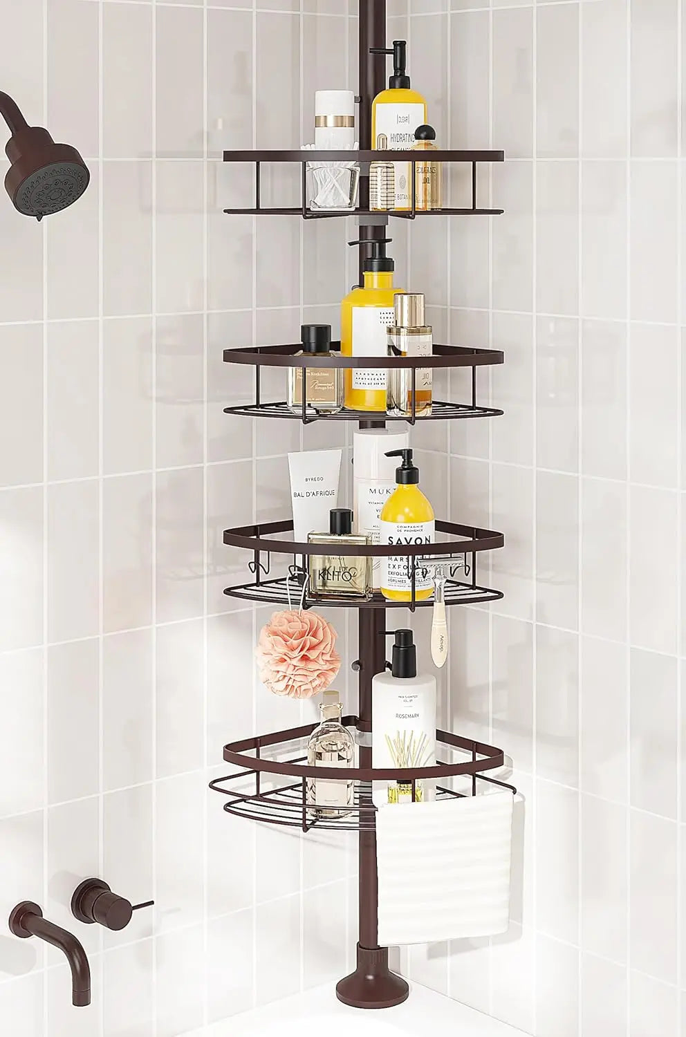 Rustproof Shower Corner Caddy Organizer for Bathroom 4 Adjustable Shelves with Tension Pole for Bathtub Shampoo Accessories