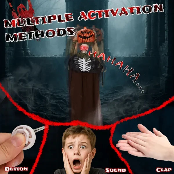 5.6ft Halloween Outdoor Life Size Animatronics Ghost with Pumpkin Head, Sound-Activated Scary Props for Garden Yard Lawn