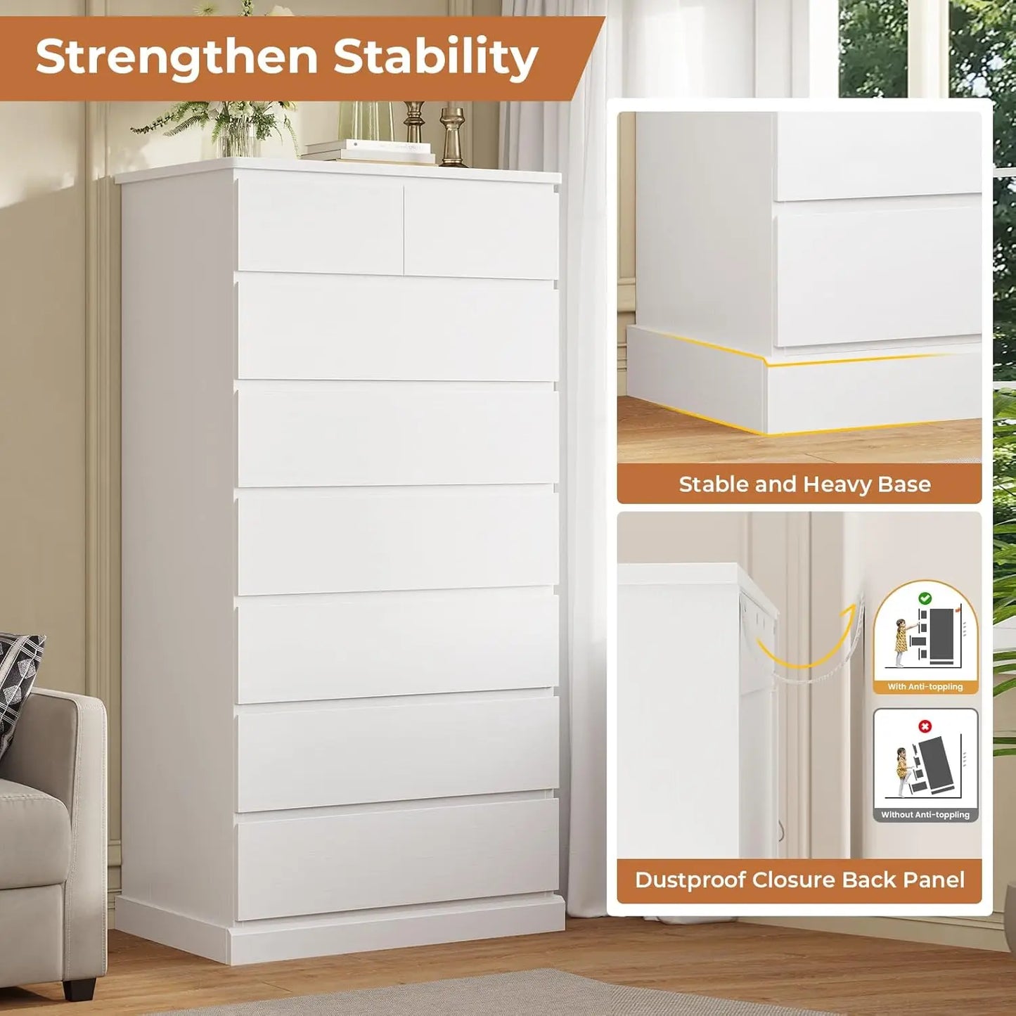 White Tall Chests of Drawers for Bedroom with 8 Drawers, 59.6" Tall