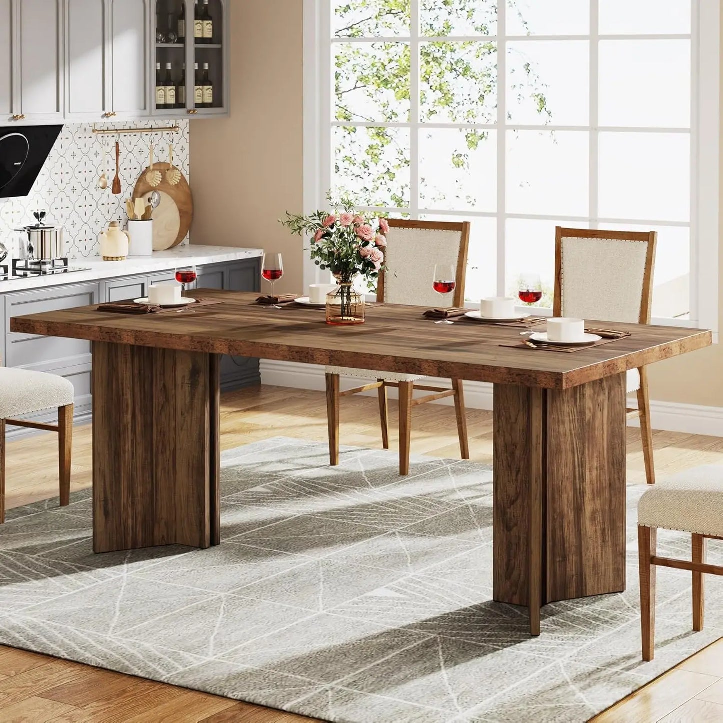 63-inch Dining Table for 4-6, Farmhouse Kitchen Table with Large Tabletop, Rectangular Dinner Eating Table for Dining