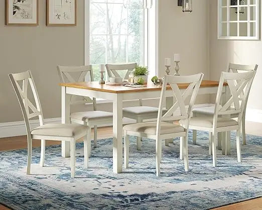 Solid Wood 7-Piece Farmhouse Dining Set with 6 Upholstered Chairs, 60" Space-Saving Table for Dining