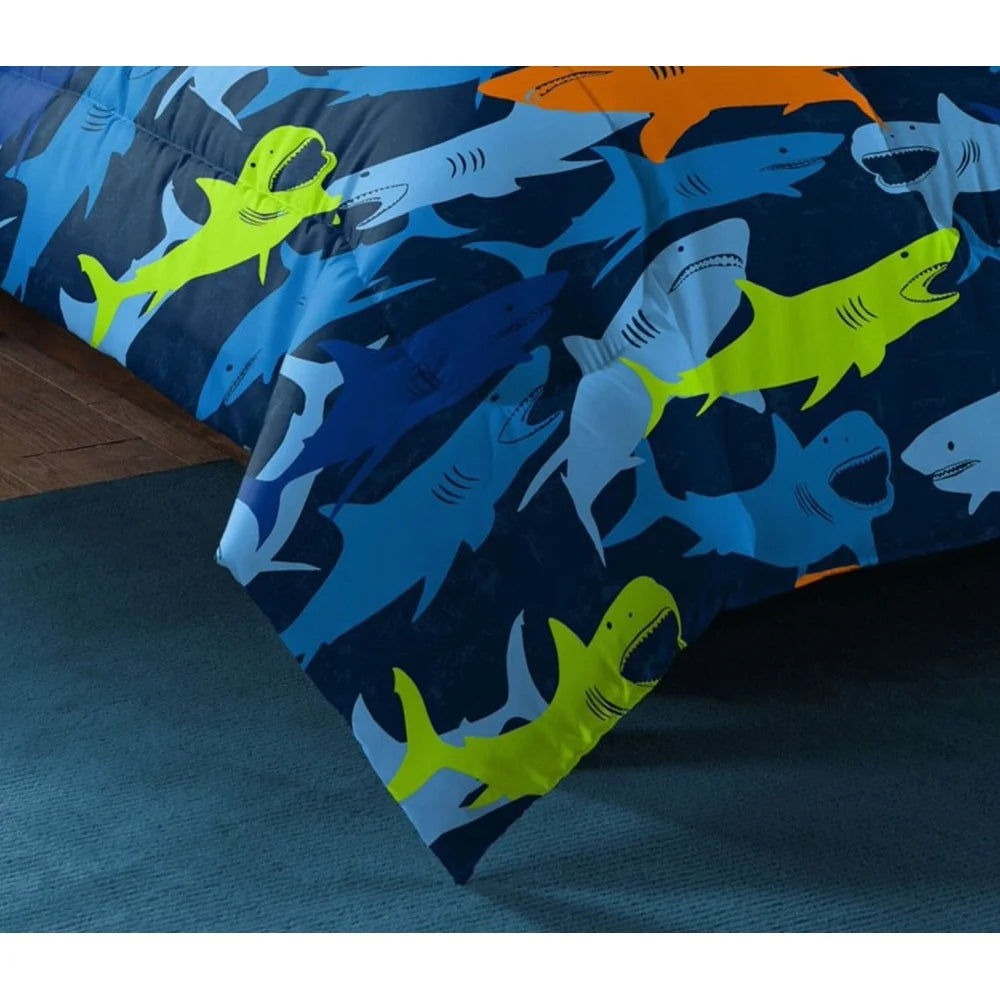 Kids Shark Adventure Full Bed In A Bag Set with Comforter Decorative Pillow 8 Piece Microfiber Bedding
