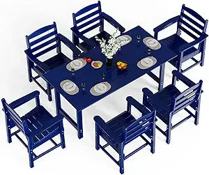 7-Piece Outdoor Patio Dining Set, HDPE All-Weather Rectangular Table with Umbrella Hole & 6 Patio Dining Chairs, Durable Patio