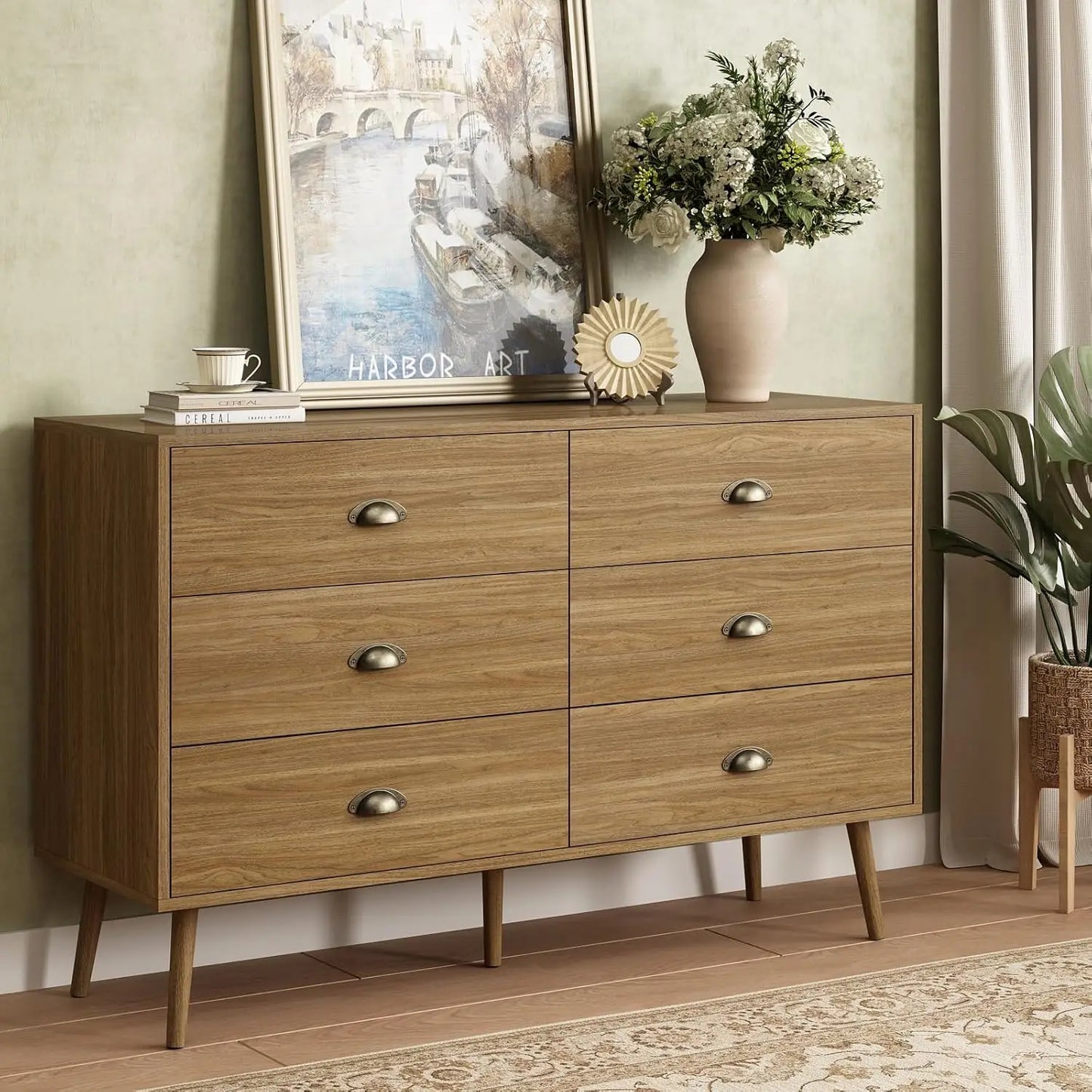 Walnut Brown Dresser for Bedroom, 6 Drawer Dresser with Wide Drawers and Metal Knob, Wood Dressers & Chest of Hallway, Entryway.