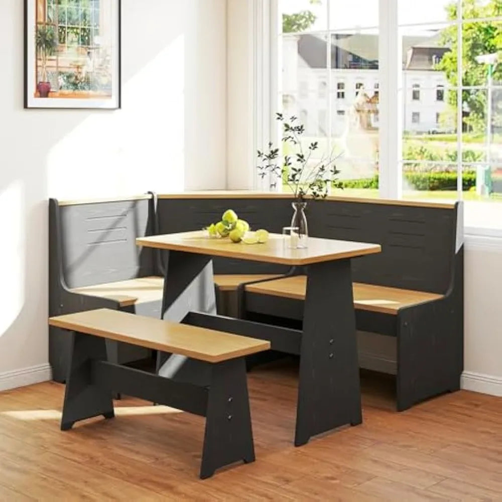 breakfast nook corner dining table kitchen bench chair set, space-saving 3-5 people seat reversible l-shape for family home blac