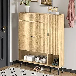 Shoe Storage Cabinet with 2 Flip Drawers Narrow Shoe Cabinet with Doors Freestanding Shoe Organizer Cabinet with Adjustable Shel
