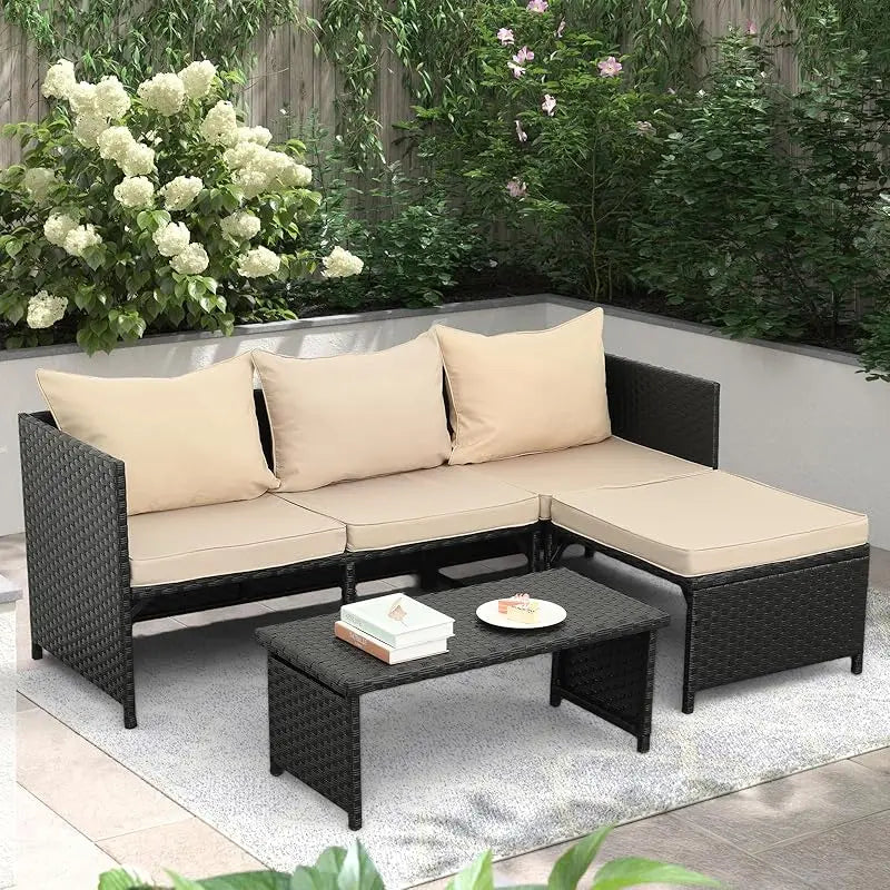 3-Piece Outdoor PE Rattan Furniture Set Patio Black Wicker Conversation Loveseat Sofa Sectional Couch Gray Cushion