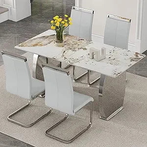 5-Piece Rectangular Faux Marble Dining Set with 4 White Chairs