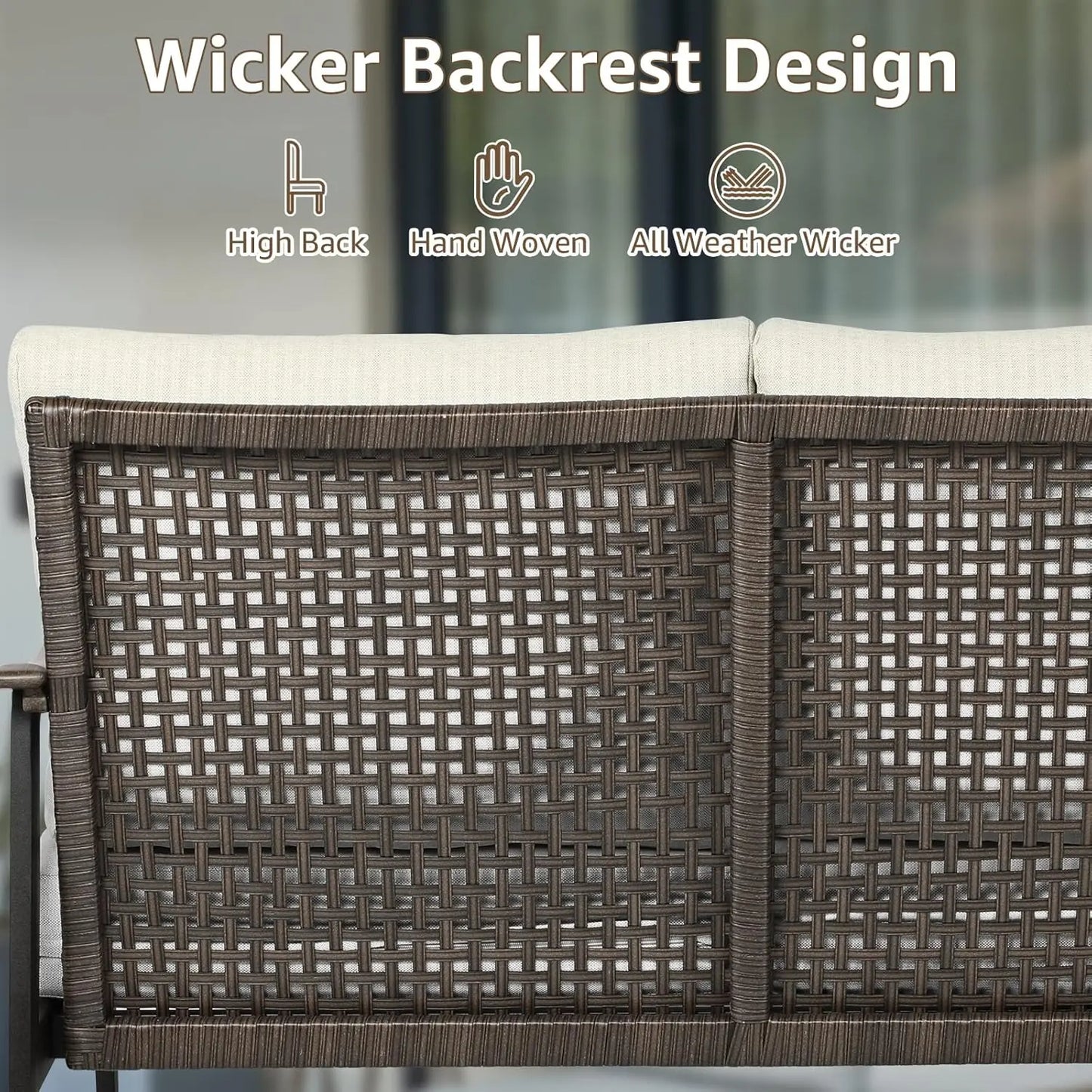 Patio Loveseat Sofa Furniture Metal Chair with Wicker Backrest & 6 Inches Cushion for Indoor, 51.77"(L) x 29.75"(W) x 33.86"(H).